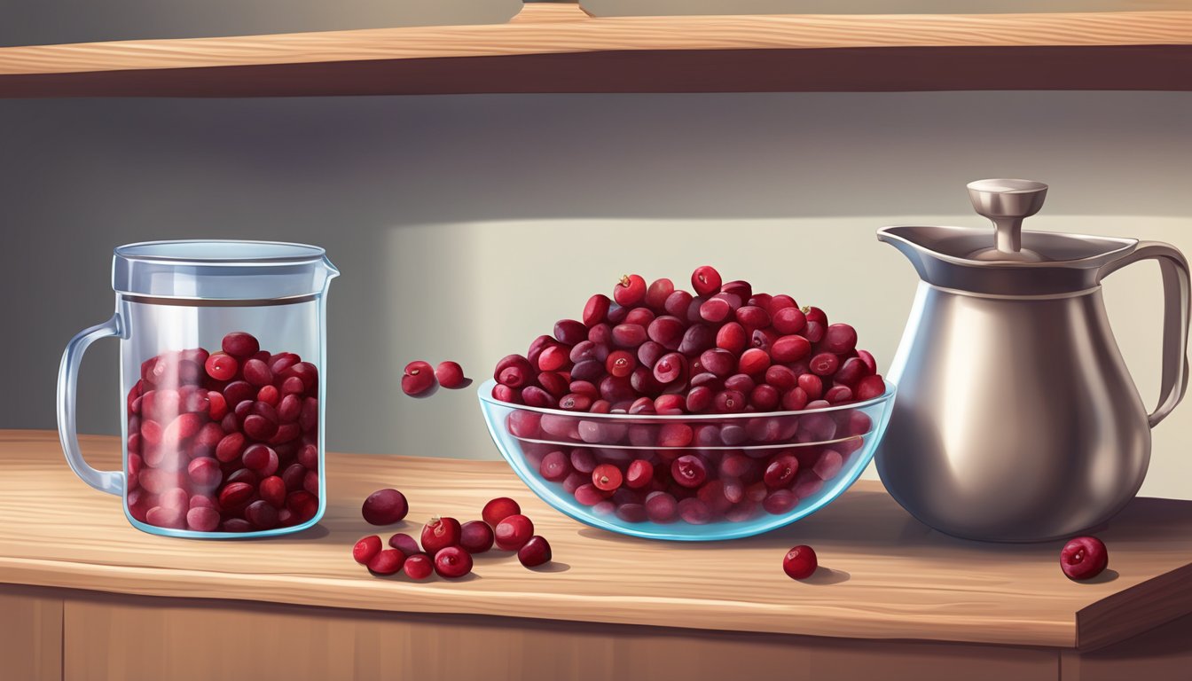 A pound of dried cranberries spills out of a measuring cup onto a wooden shelf