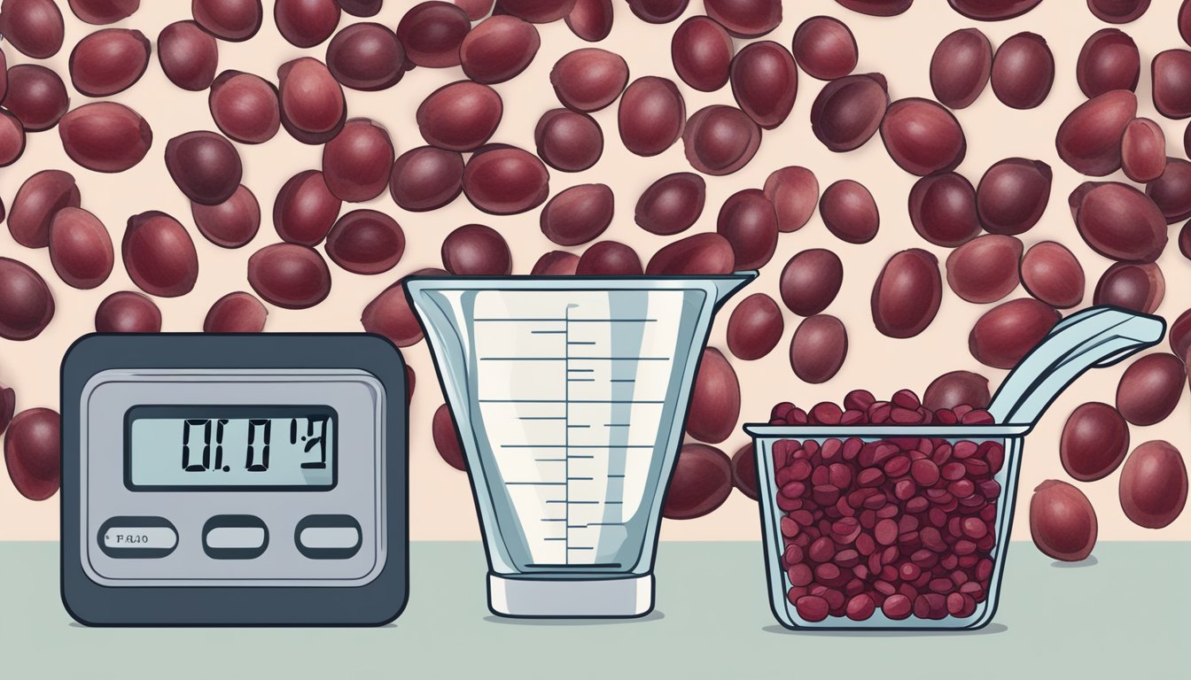 A measuring cup filled with dried cranberries, next to a digital scale displaying 1 pound