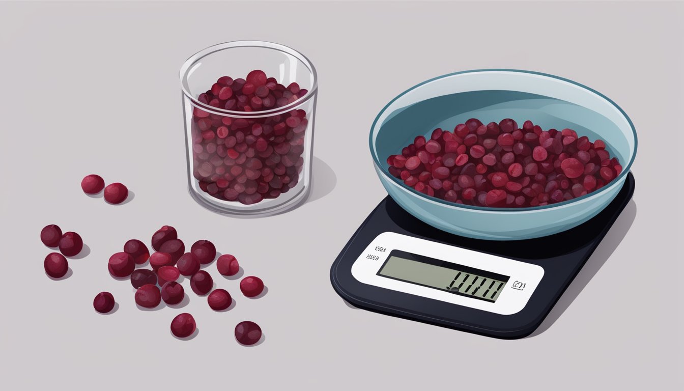 A measuring cup filled with dried cranberries next to a digital scale displaying the weight in pounds