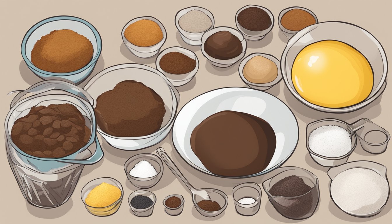 A table with a variety of ingredients such as flour, sugar, cocoa powder, and eggs, along with measuring cups and spoons, arranged neatly for use in making homemade brownie mix