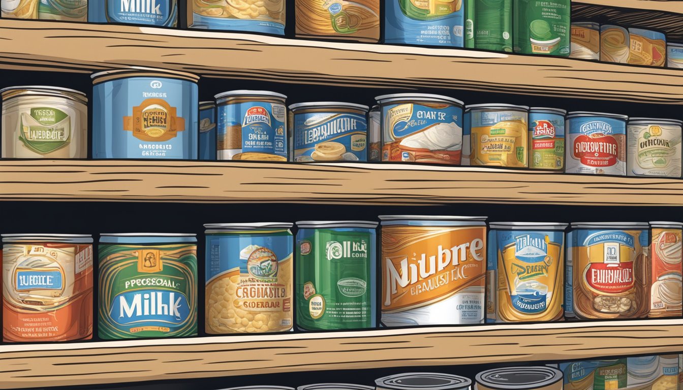 A can of evaporated milk sits on a shelf, surrounded by other canned goods. The label indicates the number of ounces in the can