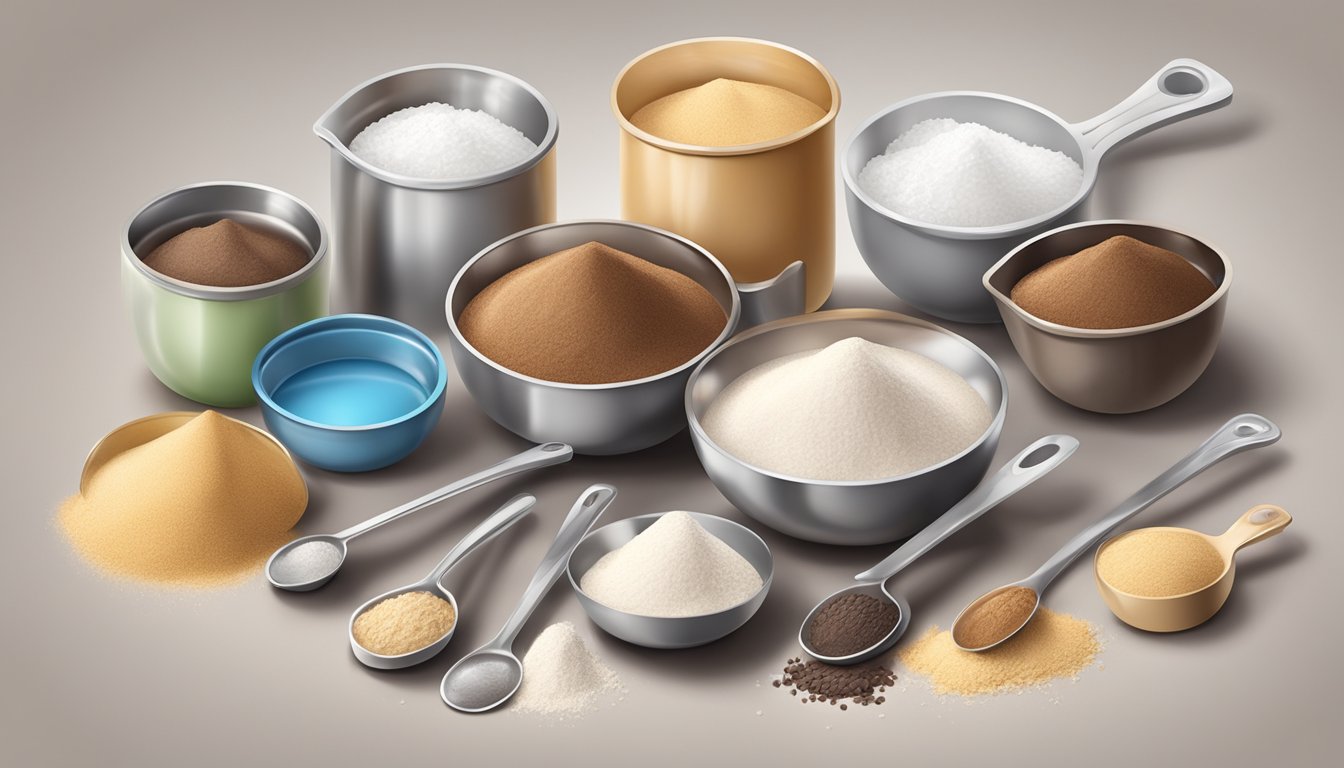 A set of measuring cups and spoons arranged neatly on a kitchen counter, surrounded by various ingredients such as flour, sugar, cocoa powder, and baking soda