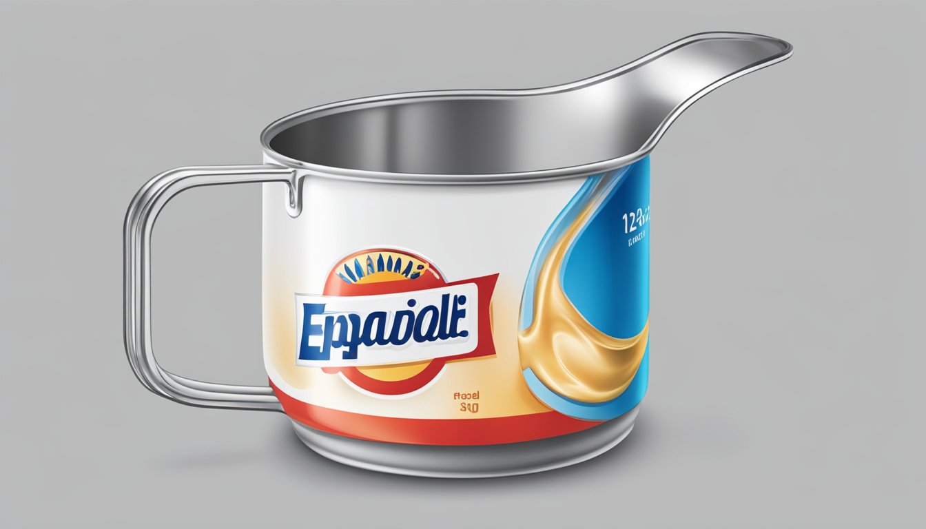 A can of evaporated milk pouring into a measuring cup, showing the measurement of 12 ounces