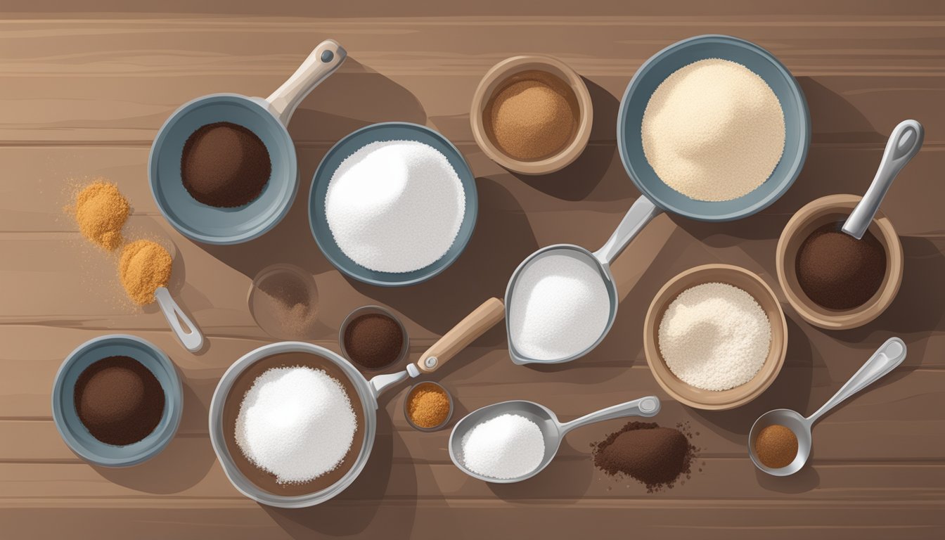 A countertop with bowls of flour, sugar, and cocoa powder, along with measuring cups and spoons