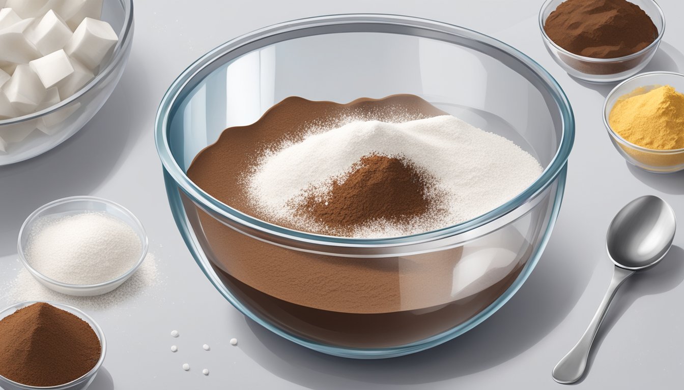 A clear glass bowl sits on a white countertop, filled with flour, sugar, and cocoa powder. Measuring cups and spoons are scattered around the bowl