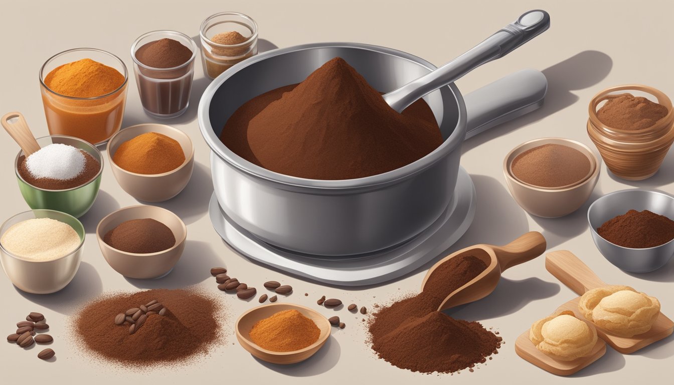 A pound of cocoa powder pouring into a measuring spoon, surrounded by various baking ingredients and utensils on a kitchen counter