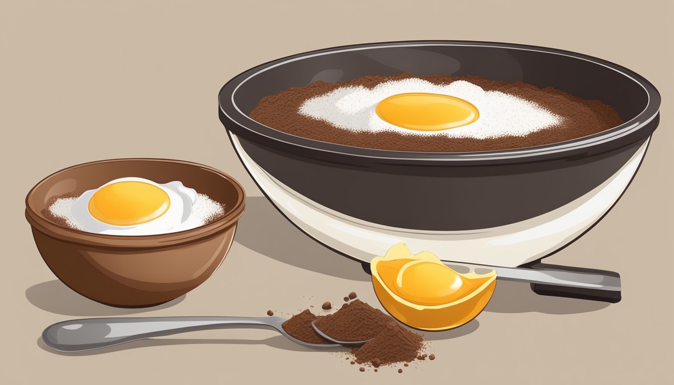 A large mixing bowl with measured flour, sugar, and cocoa powder, with a cracked egg and melted butter ready for incorporation