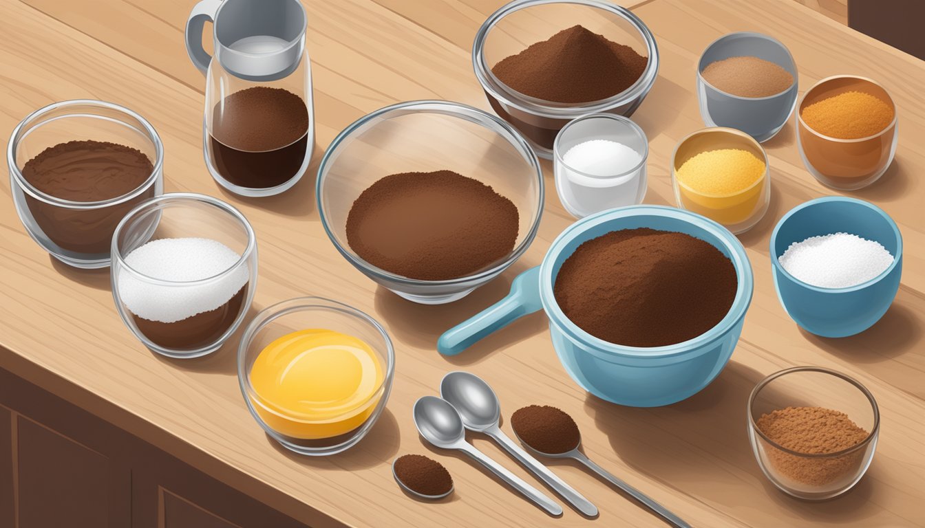 A clear glass bowl filled with cocoa powder, flour, sugar, and eggs, surrounded by measuring cups and spoons on a wooden countertop