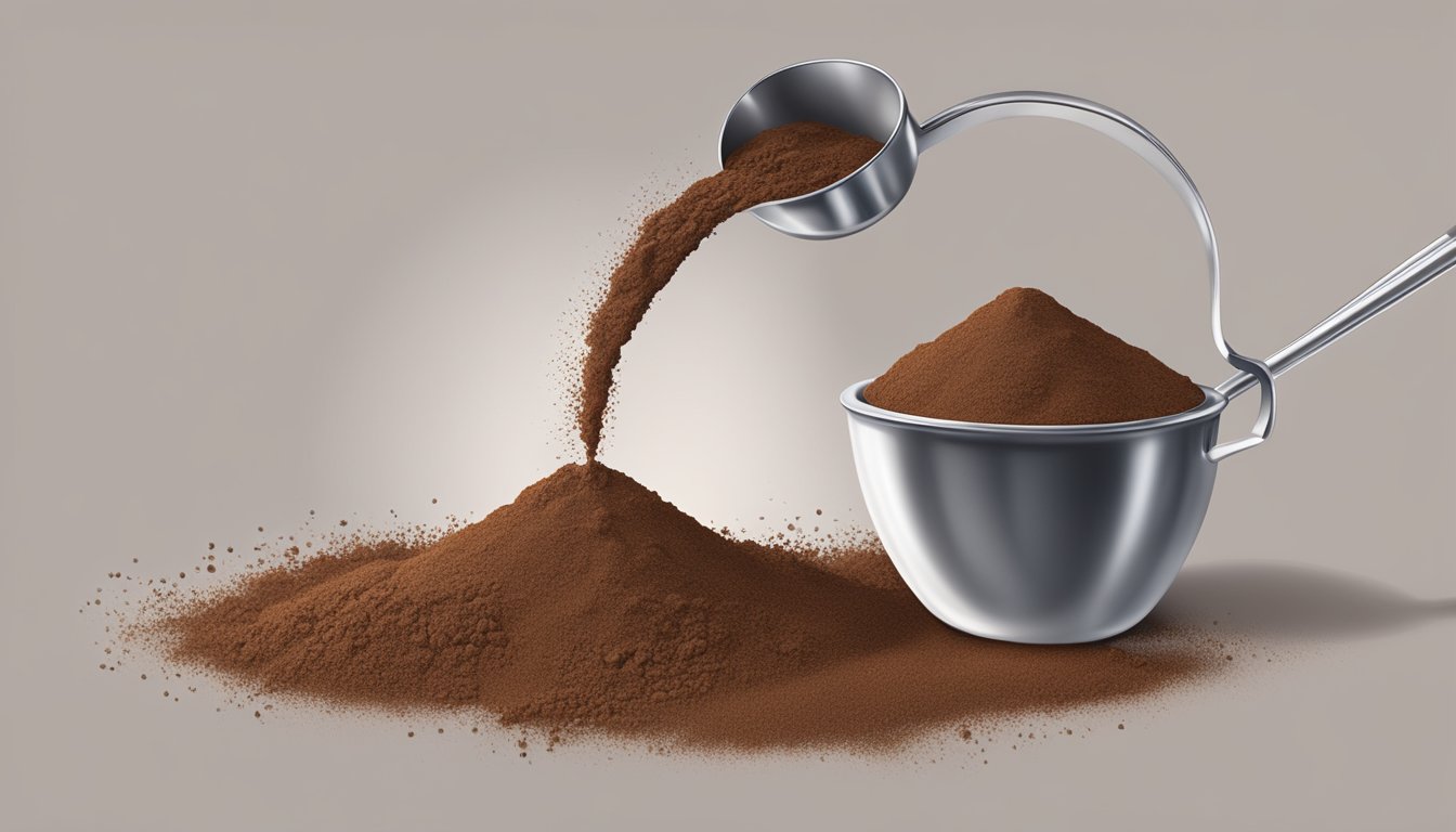 A pound of cocoa powder spilling out of a measuring cup, surrounded by scattered tablespoons