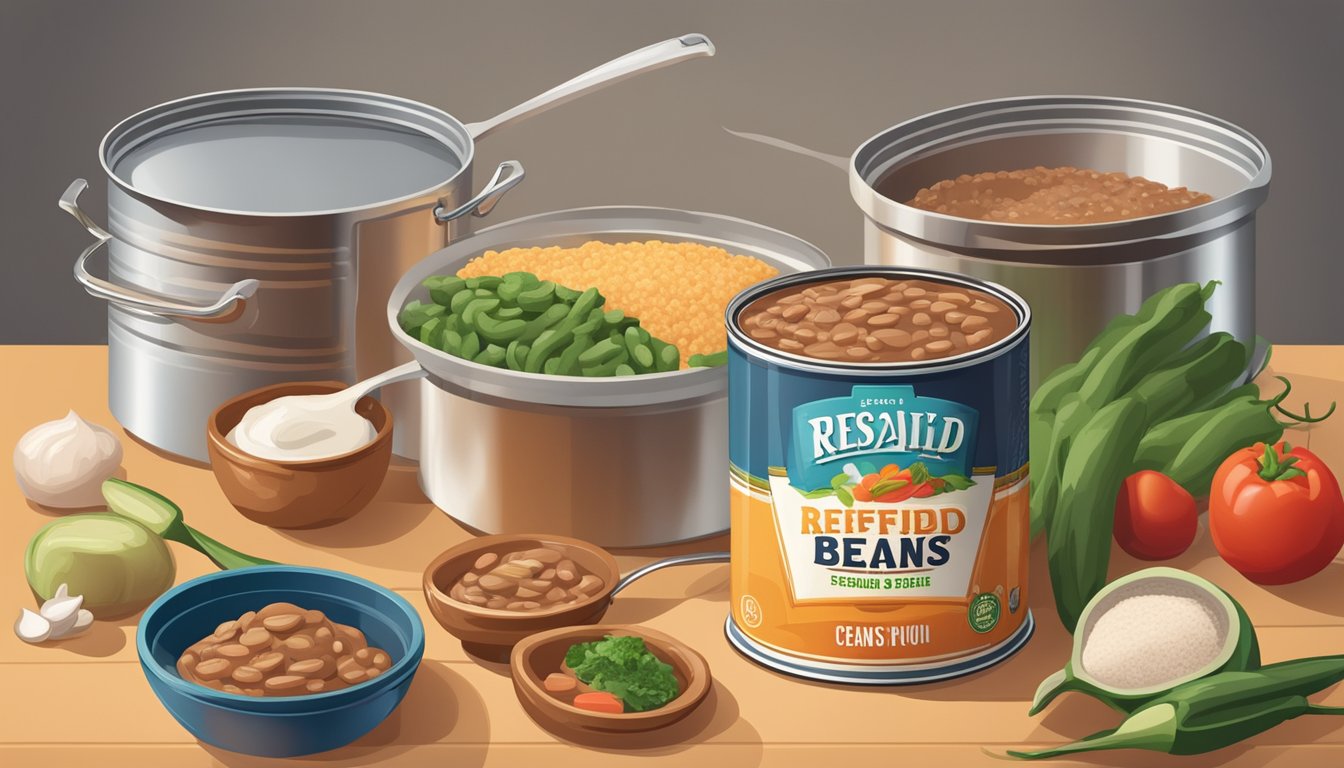 A can of refried beans sits on a kitchen counter, surrounded by colorful ingredients and cooking utensils. The can is open, revealing the smooth, creamy texture of the beans inside