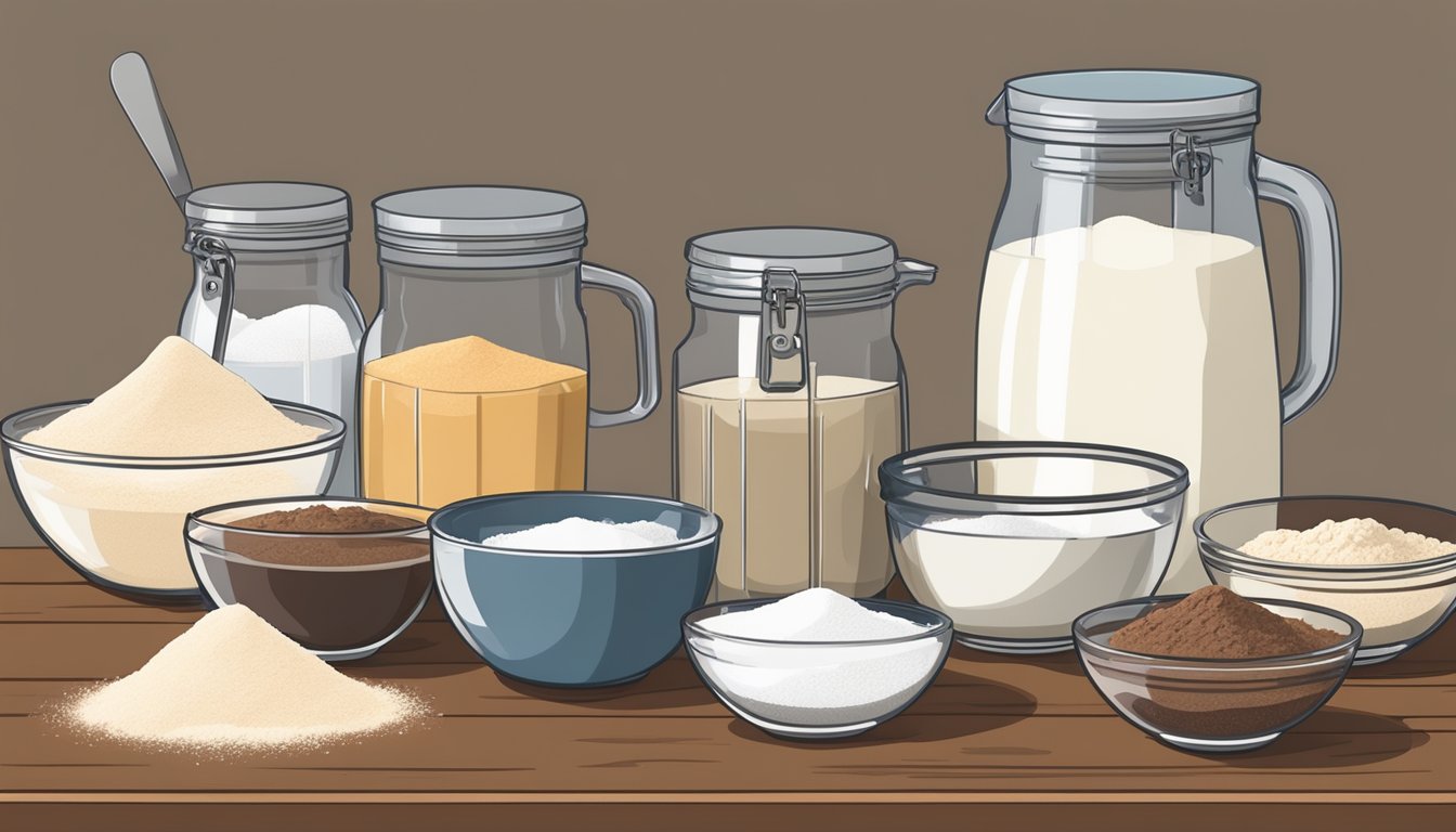 A kitchen counter with bowls of flour, sugar, and cocoa, along with measuring cups and spoons, ready to mix for brownie batter