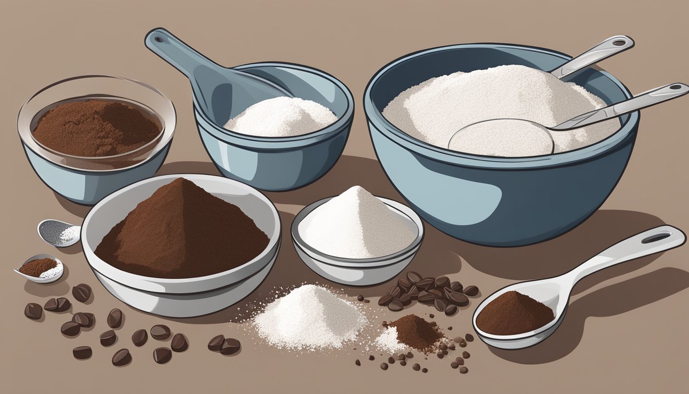 A hand pouring flour and cocoa powder into a mixing bowl, with a measuring cup and spoons nearby. Sugar and chocolate chips sit in bowls nearby