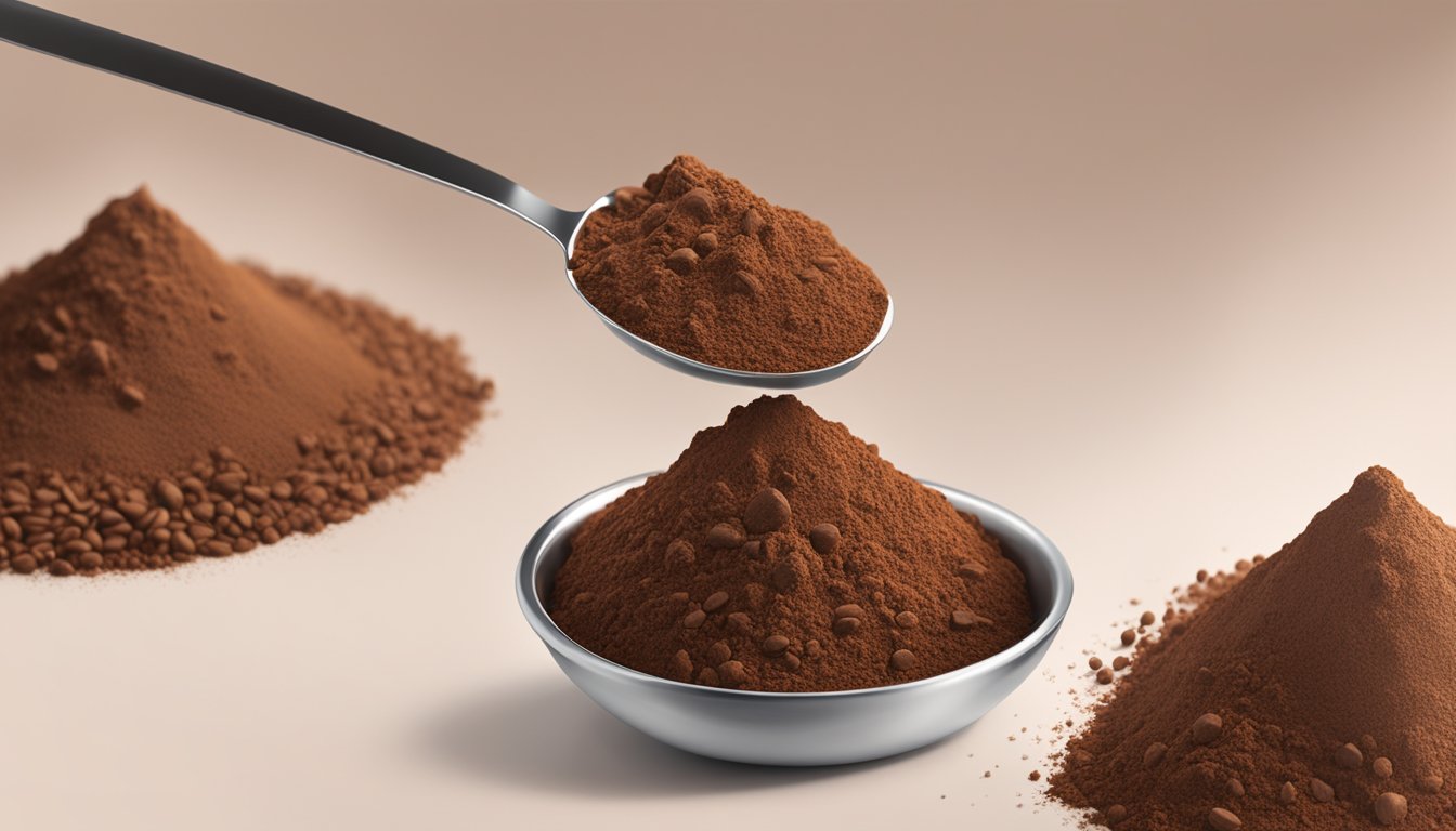 A pound of cocoa powder pouring into a measuring spoon, with multiple tablespoons lined up next to it