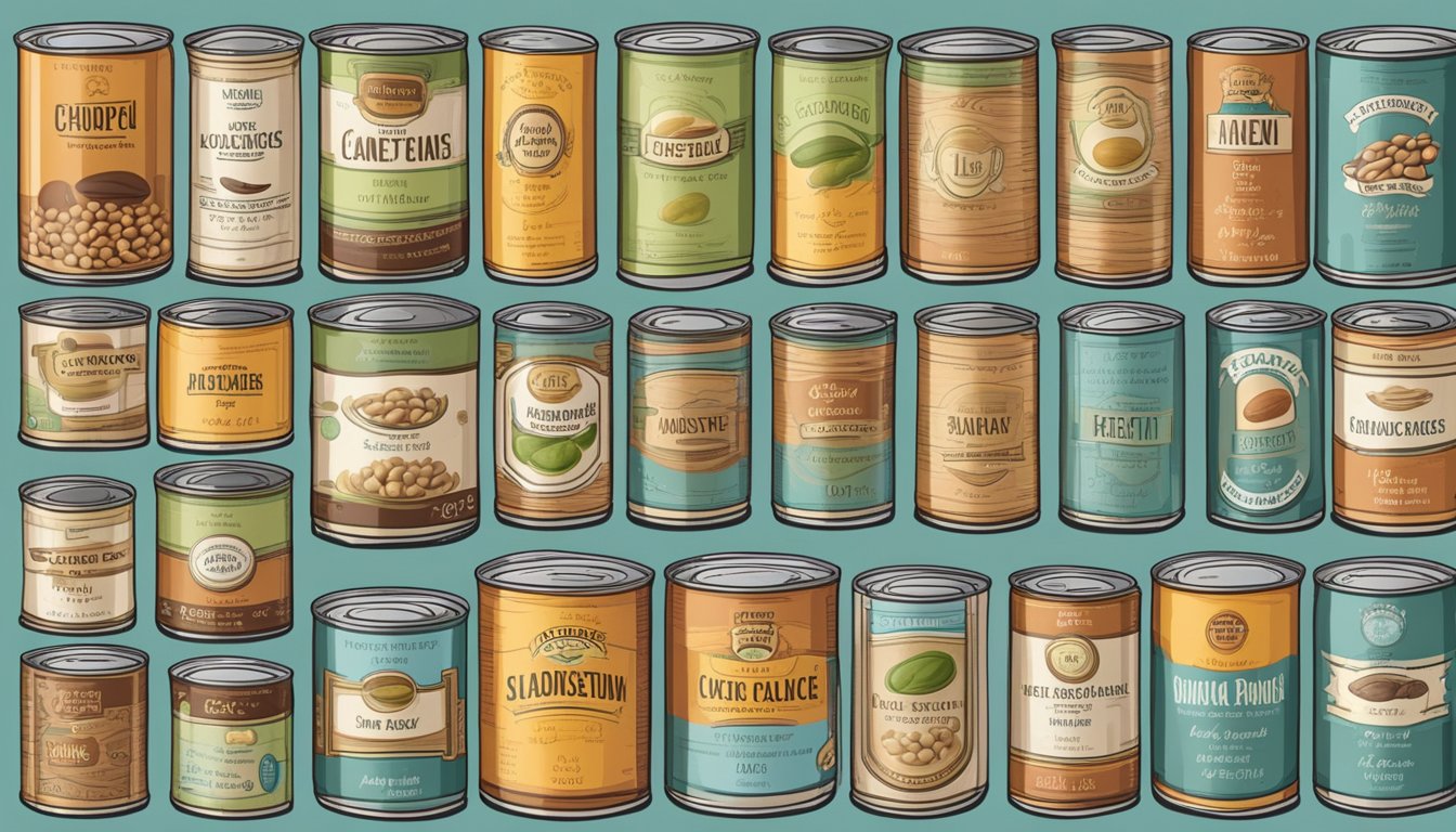 A variety of canned beans in different sizes, with labels indicating the ounces, arranged neatly on a shelf