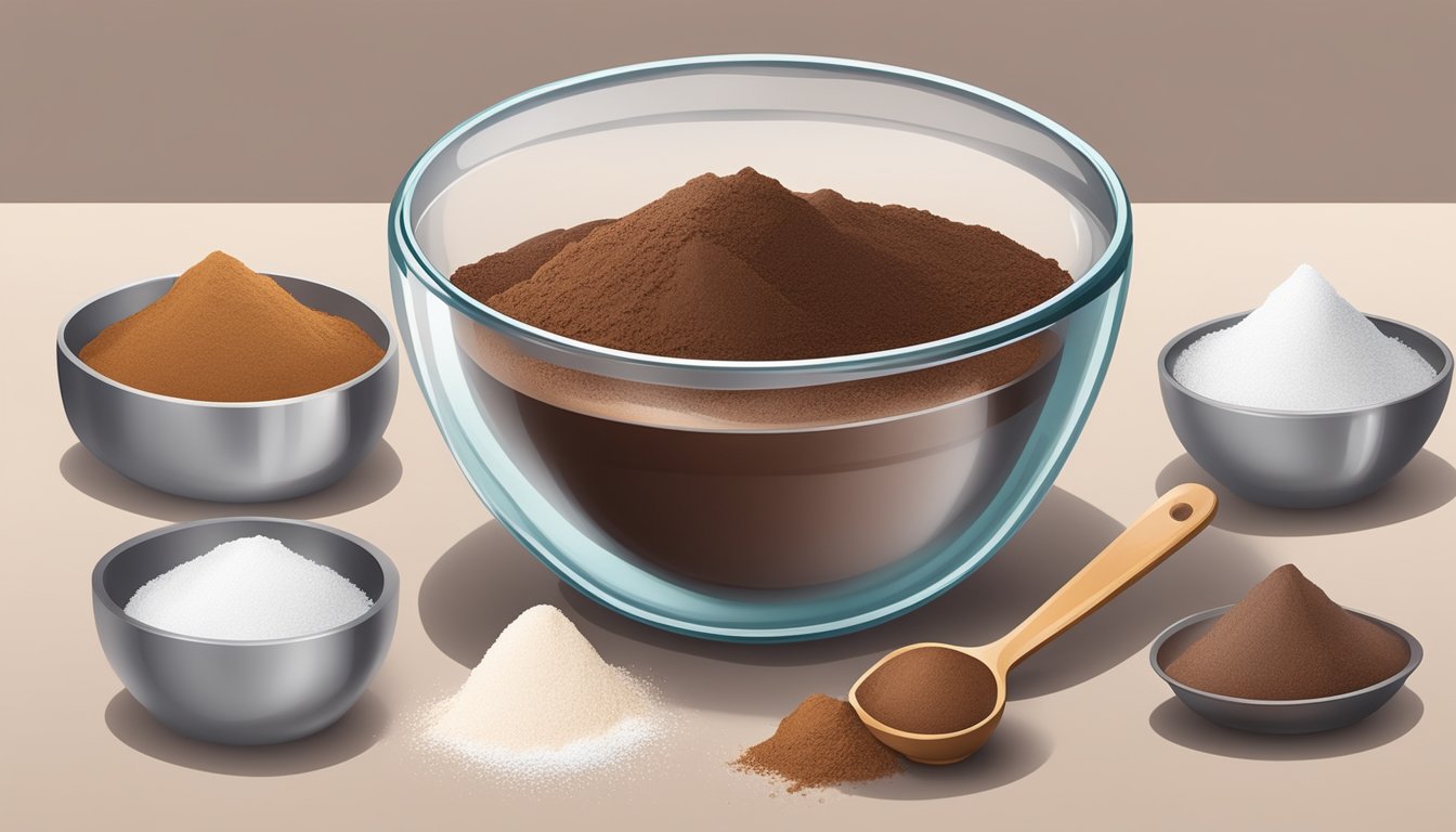 A clear glass bowl filled with cocoa powder, flour, sugar, and salt, with measuring cups and spoons laid out neatly next to it