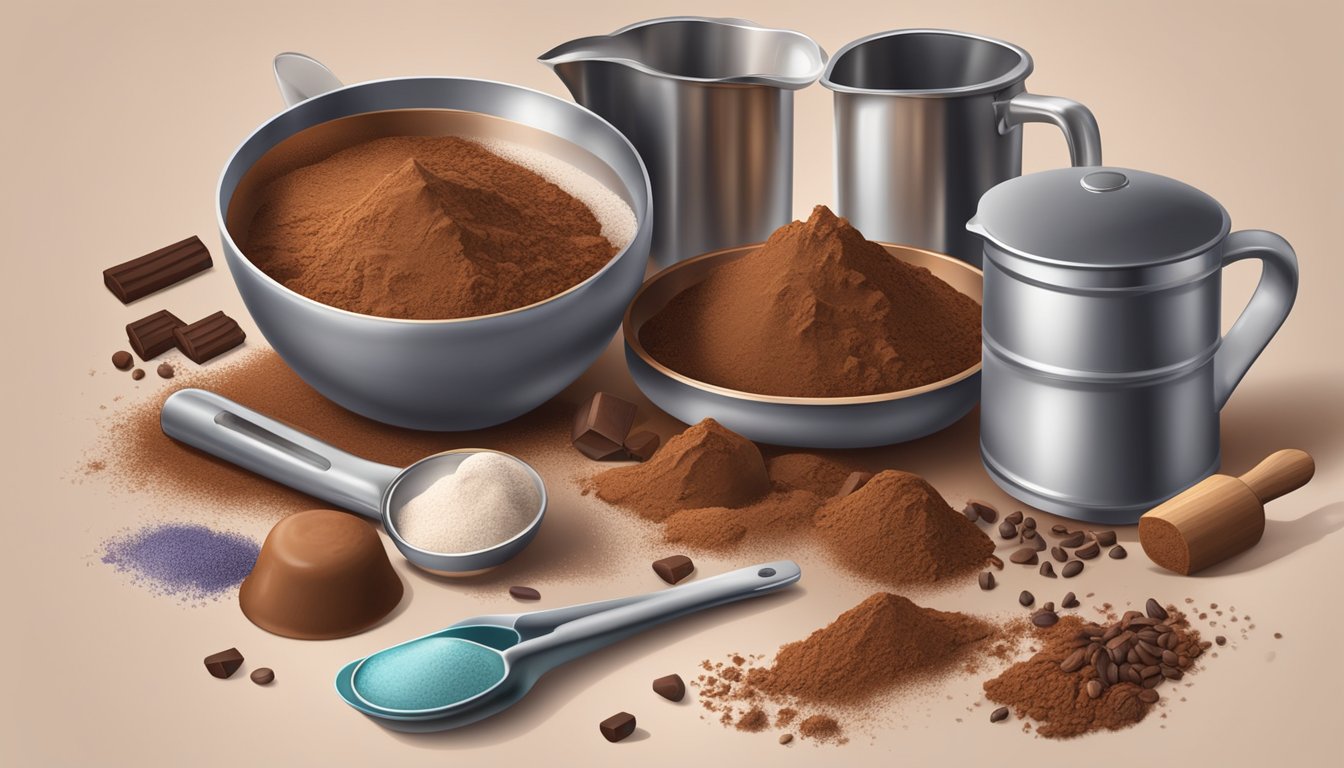 A pound of cocoa powder spills from a measuring cup, surrounded by scattered tablespoons and various baking tools