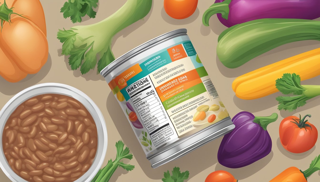 A can of refried beans with a clear label displaying the nutritional information, surrounded by colorful vegetables and a measuring cup