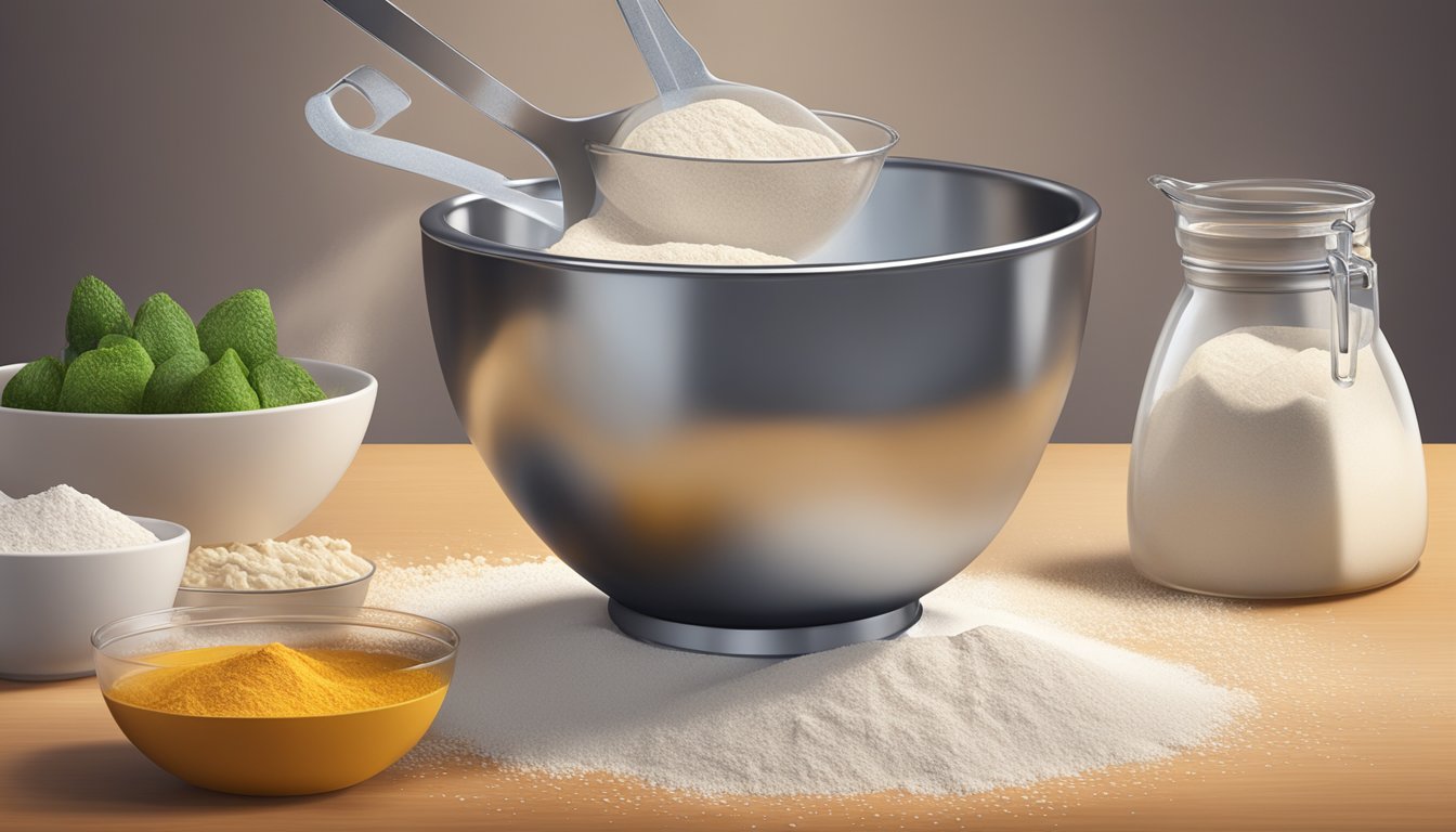 A measuring cup pouring flour into a mixing bowl, with other ingredients nearby