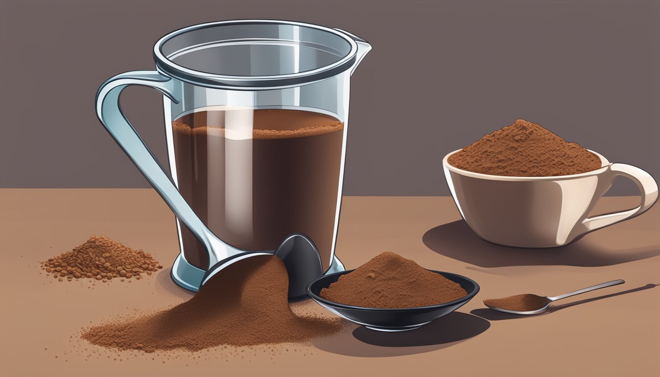 A pound of cocoa powder spilling out of a measuring cup, with scattered tablespoons nearby