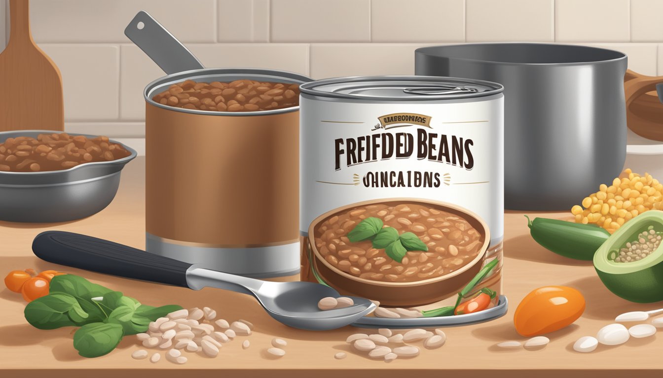 A can of refried beans sits on a countertop, surrounded by various cooking utensils and ingredients. The can is open, with a spoon resting inside