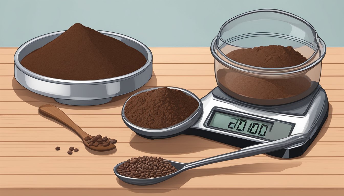 A measuring spoon filled with cocoa powder sits on a scale next to a pound of cocoa powder