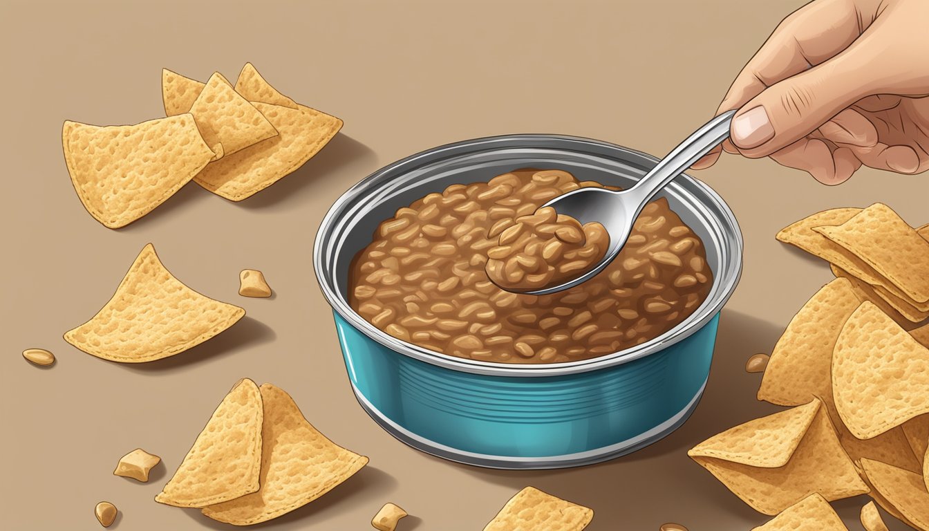 A can of refried beans being opened, with a spoon scooping out a serving onto a plate next to a pile of tortilla chips