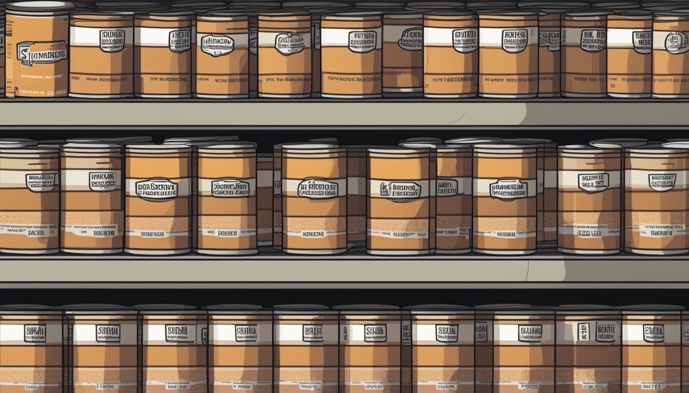 A can of refried beans sits on a shelf, surrounded by other canned goods. The label indicates the number of ounces