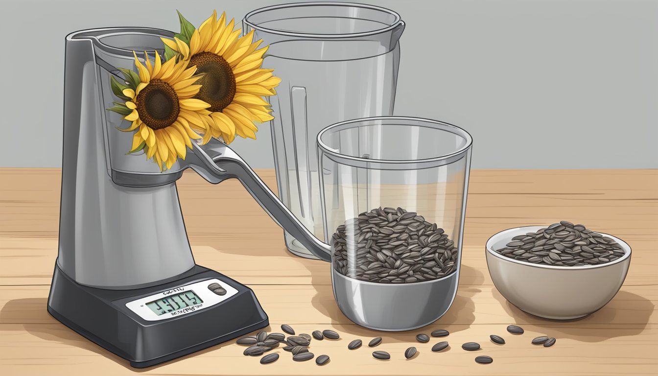 A pound of sunflower seeds pouring into a measuring cup, alongside a labeled cup and a scale