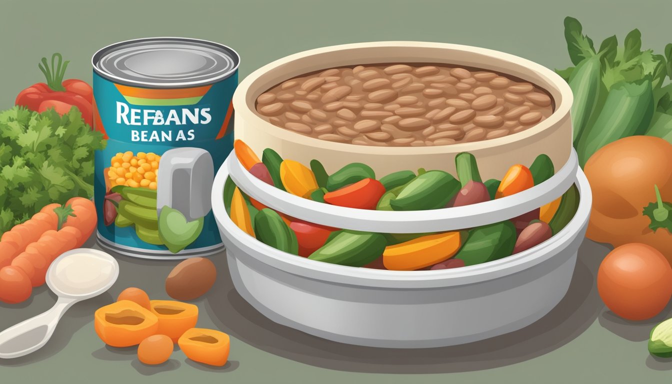 A can of refried beans surrounded by various fresh beans and vegetables, with a measuring cup showing the equivalent amount in ounces