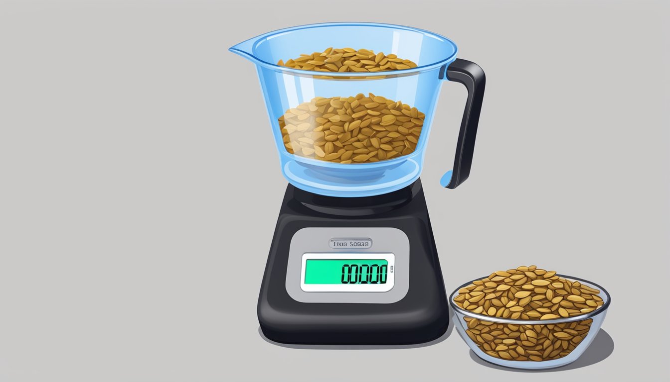 A measuring cup filled with sunflower seeds next to a digital scale displaying one pound