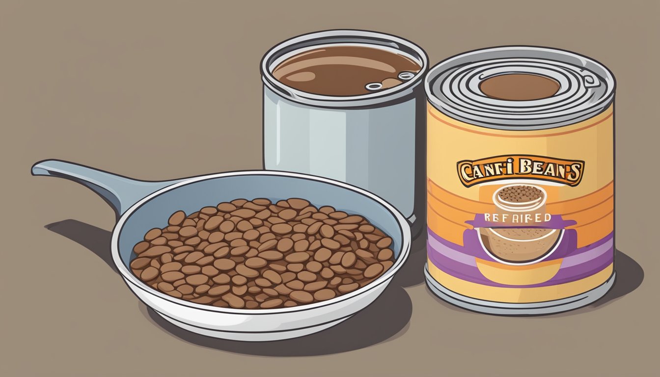 A can of refried beans next to a measuring cup showing the equivalent ounces