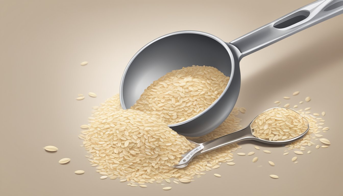 A pound of oat flour pouring into a measuring spoon, alongside a pile of empty measuring spoons