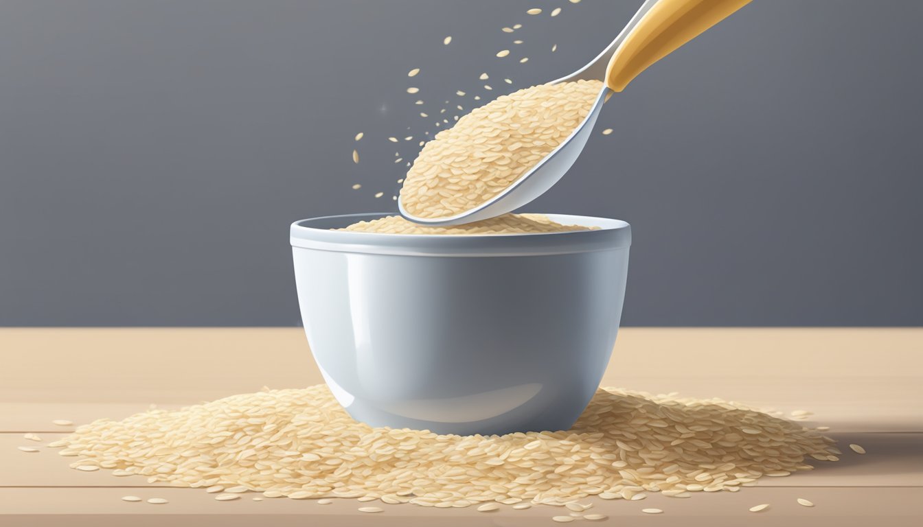 A pound of oat flour pouring into a measuring cup, with tablespoons lined up next to it for comparison