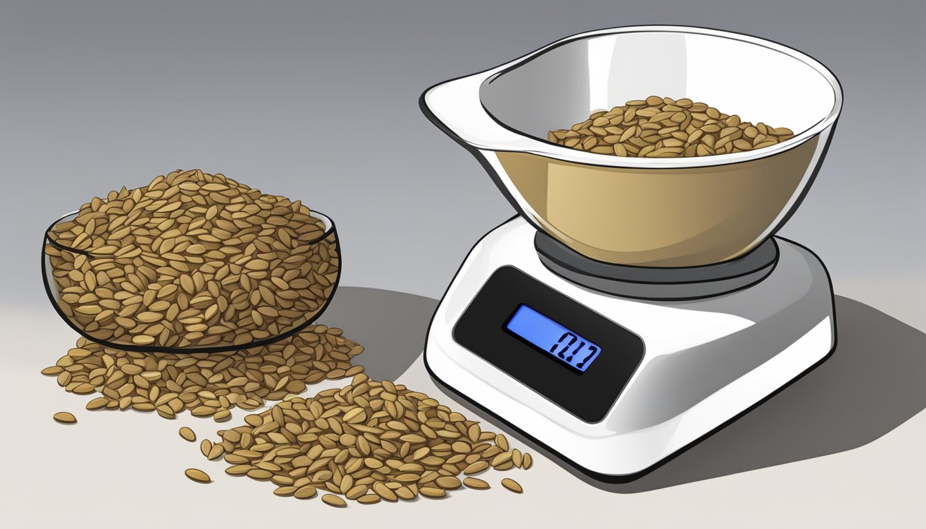 A measuring cup filled with sunflower seeds, next to a digital scale displaying "1 lb."