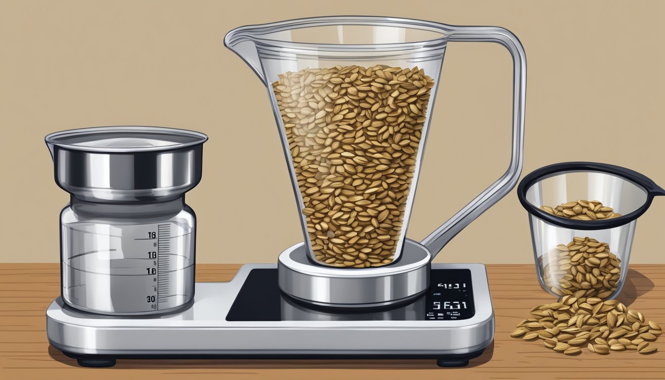 A measuring cup filled with sunflower seeds next to a scale displaying one pound