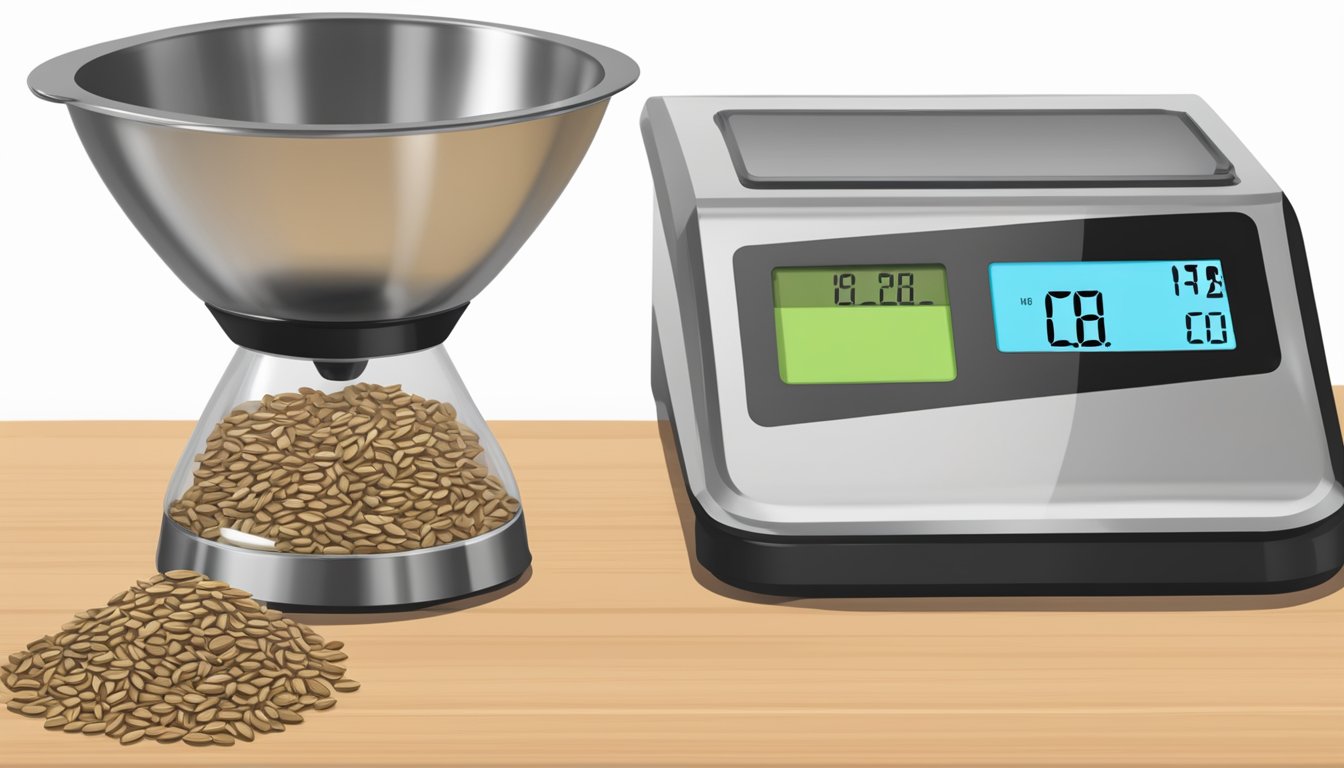 A measuring cup filled with sunflower seeds next to a digital scale displaying one pound