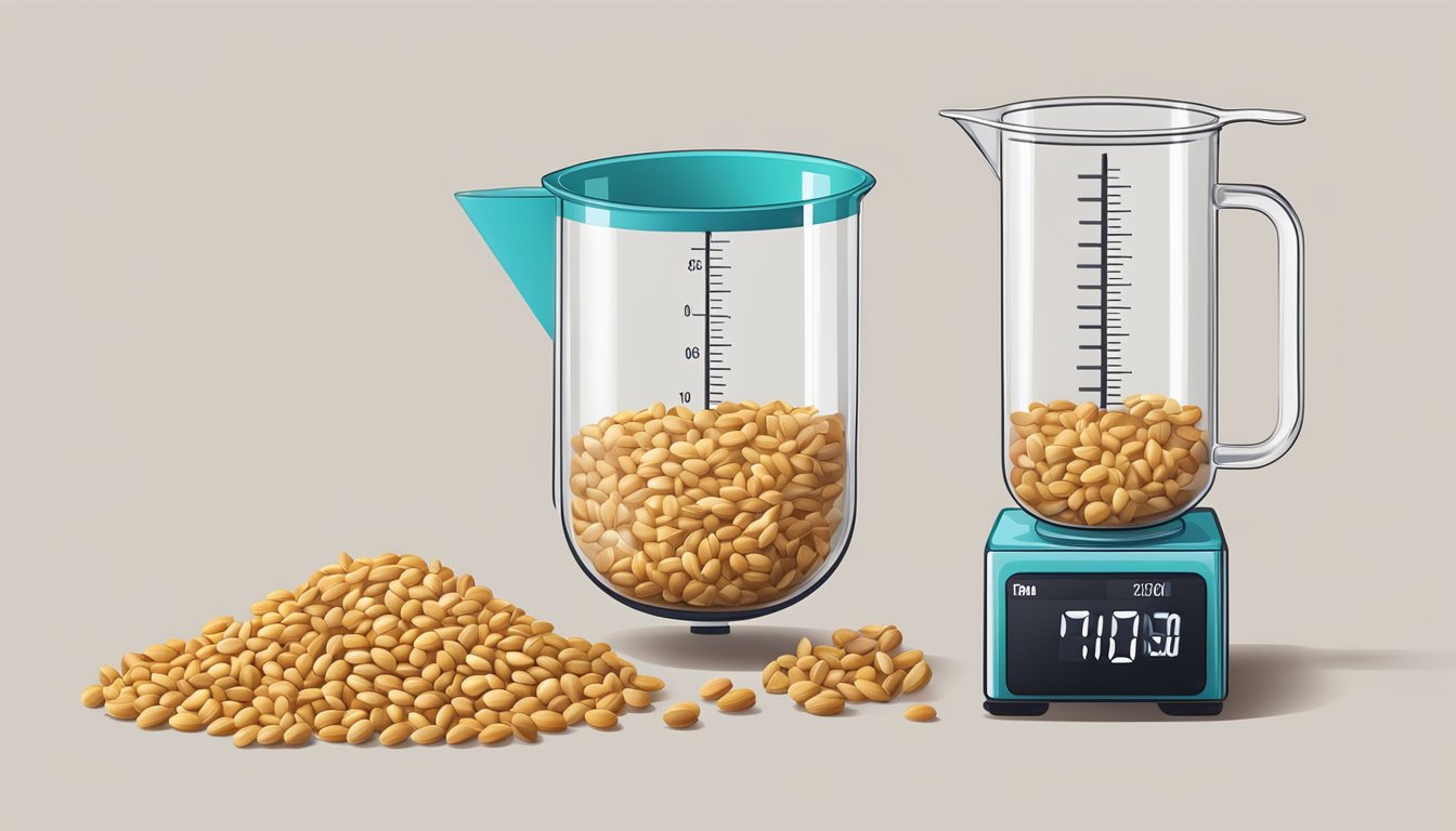 A measuring cup filled with pine nuts next to a digital scale showing one pound