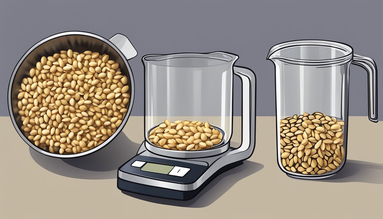 A measuring cup filled with pine nuts, next to a scale showing one pound