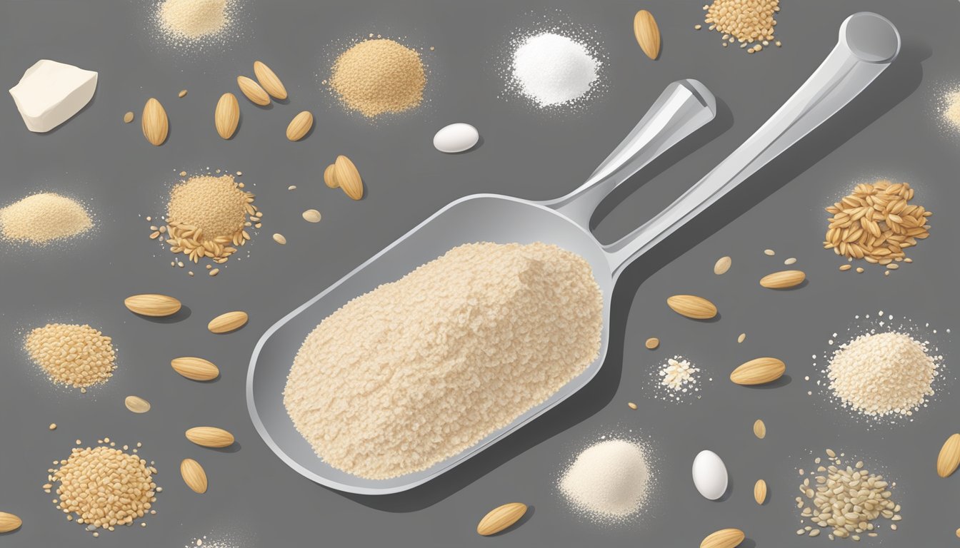 A pound of oat flour pouring into a measuring spoon, surrounded by scattered tablespoons