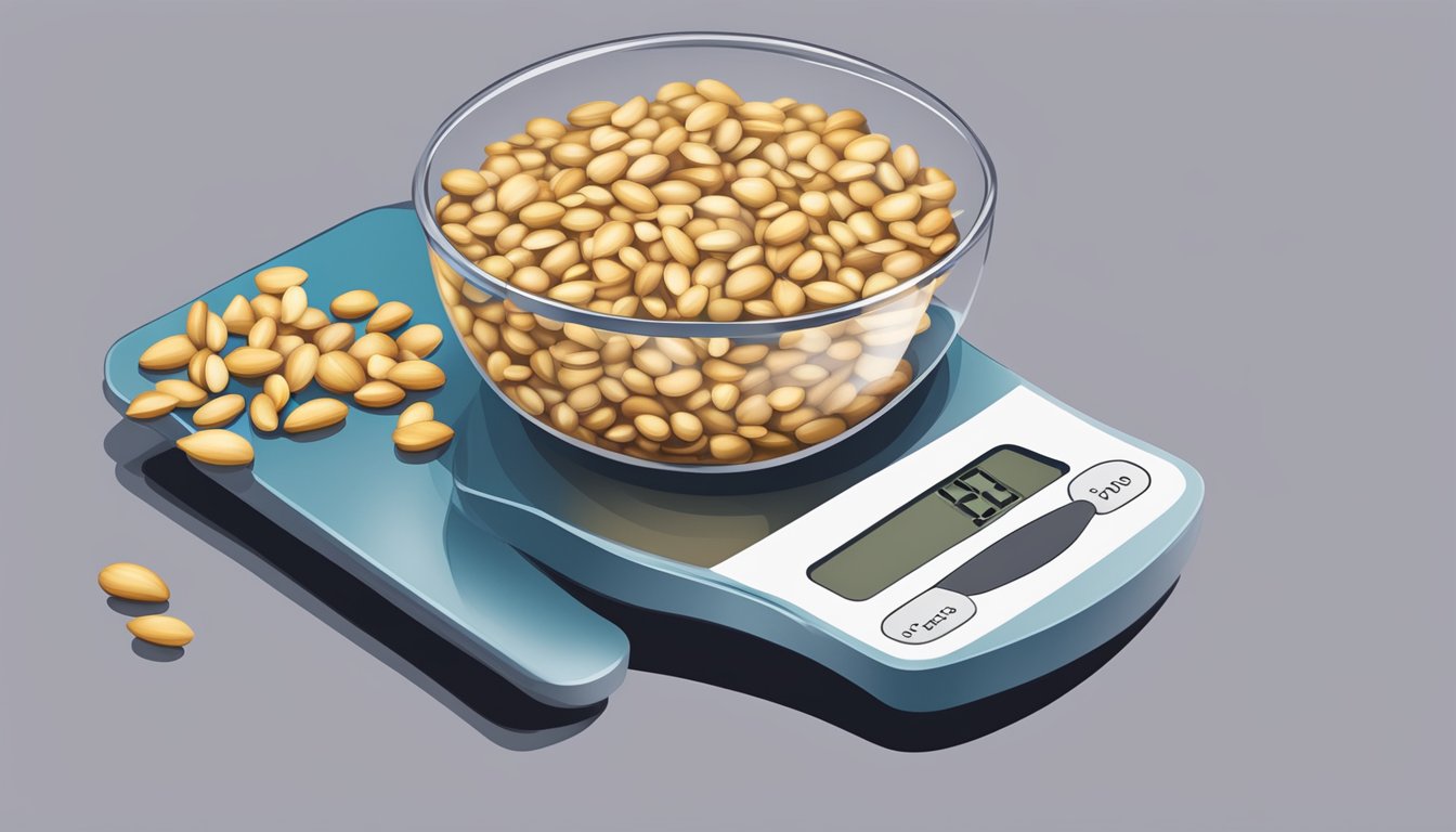 A measuring cup filled with pine nuts next to a digital scale displaying one pound