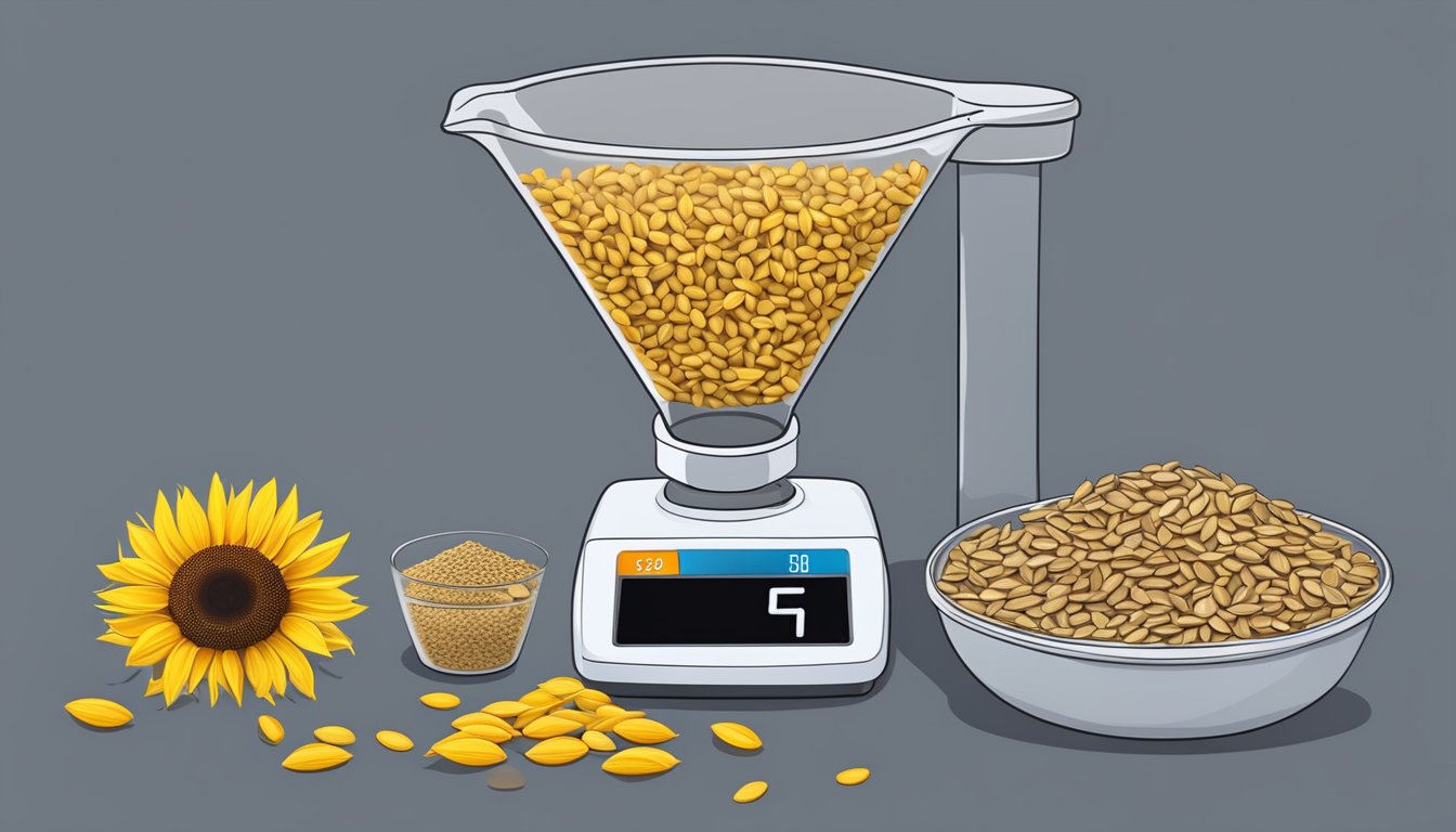 A measuring cup filled with sunflower seeds next to a digital scale displaying the weight in pounds