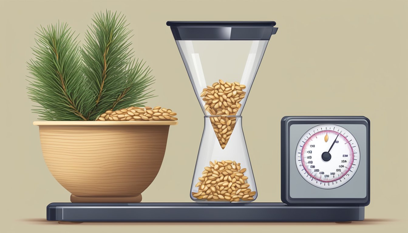 A measuring cup filled with pine nuts next to a digital scale displaying the weight in pounds