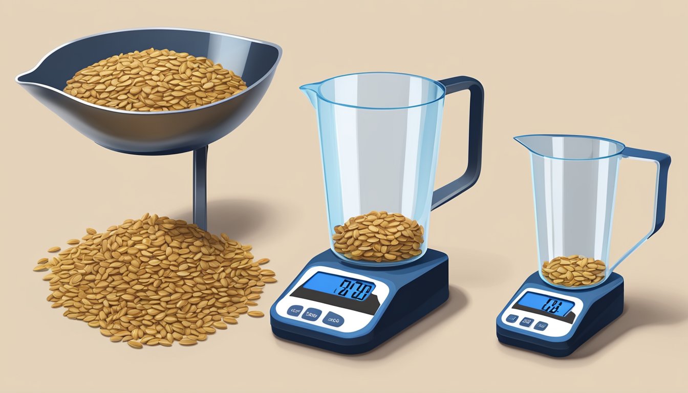 A measuring cup filled with sunflower seeds next to a digital scale displaying the weight in pounds