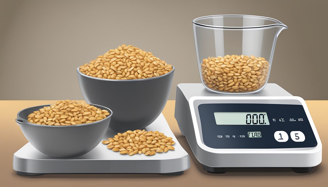 A measuring cup filled with pine nuts next to a digital scale displaying the weight in pounds