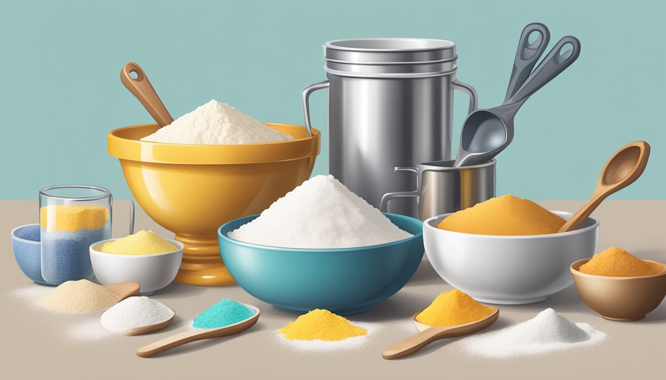 A table with various measuring cups and spoons next to bowls of flour, sugar, and other ingredients for a cake mix