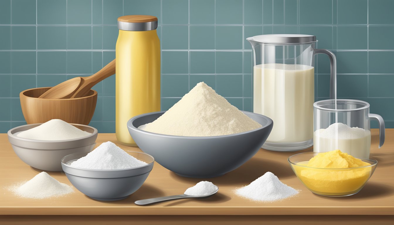 A kitchen counter with bowls of flour, sugar, and butter, a measuring cup, and a mixing spoon