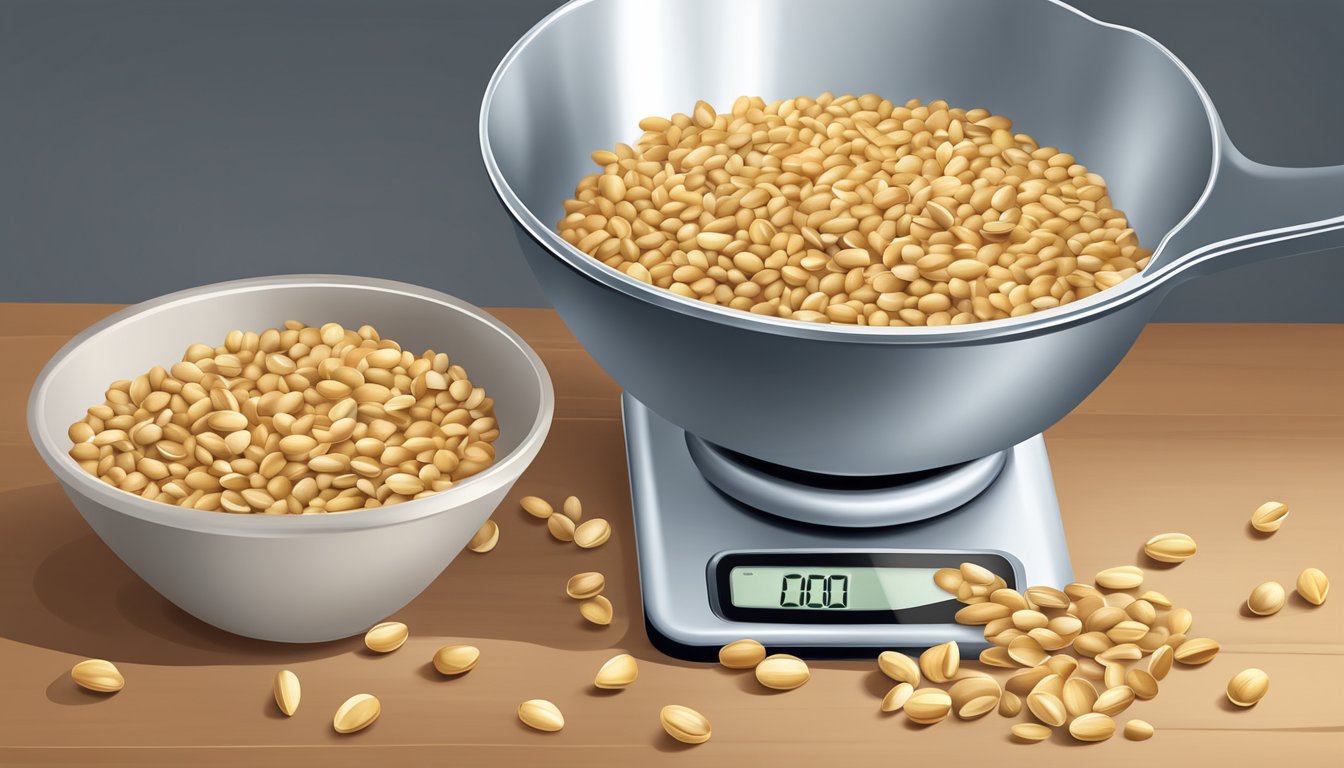 A pound of pine nuts spills from a measuring cup onto a kitchen scale