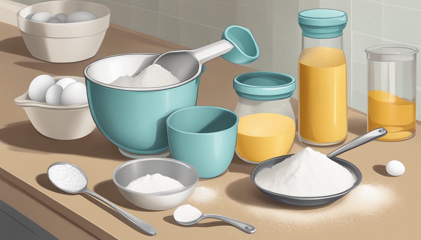 A hand reaches for a set of measuring cups and spoons on a countertop next to a bowl of flour and a carton of eggs