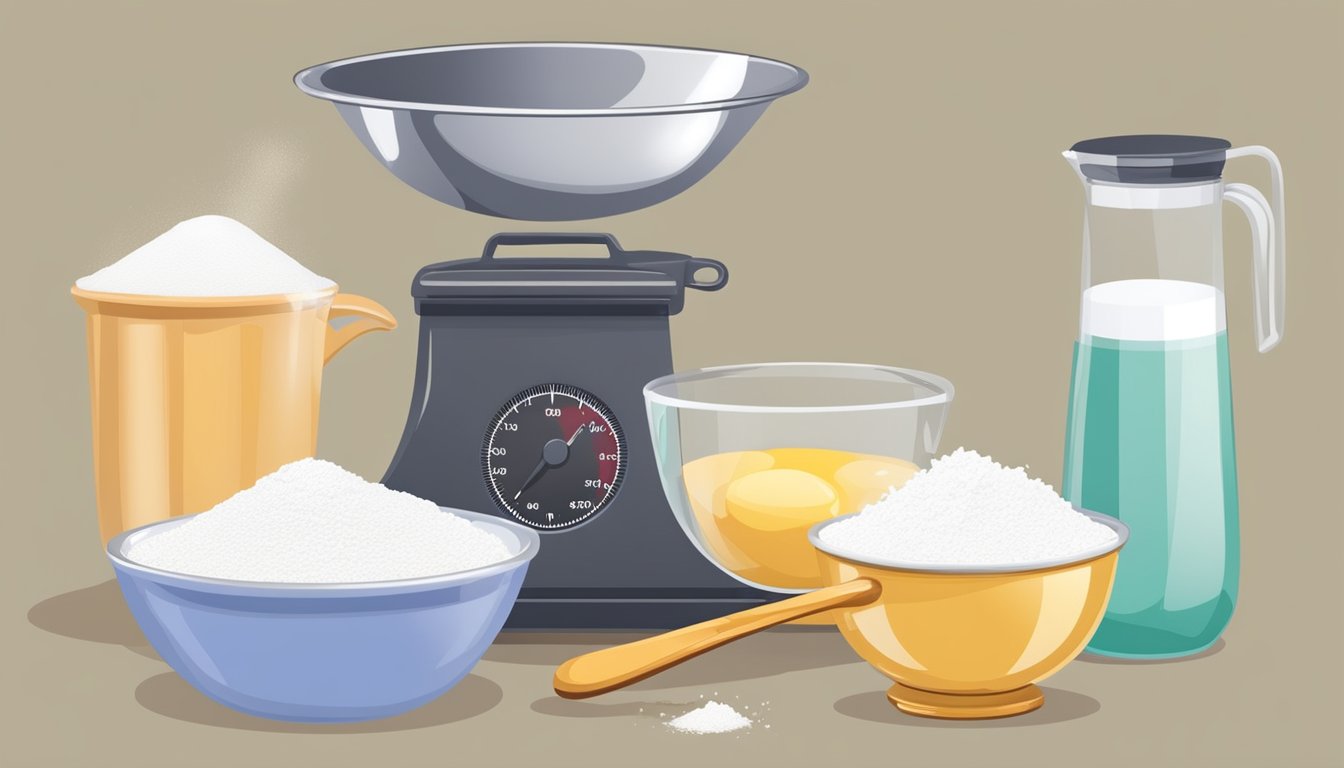 A kitchen scale with flour, sugar, and eggs. A measuring cup pouring milk. A mixing bowl with a whisk