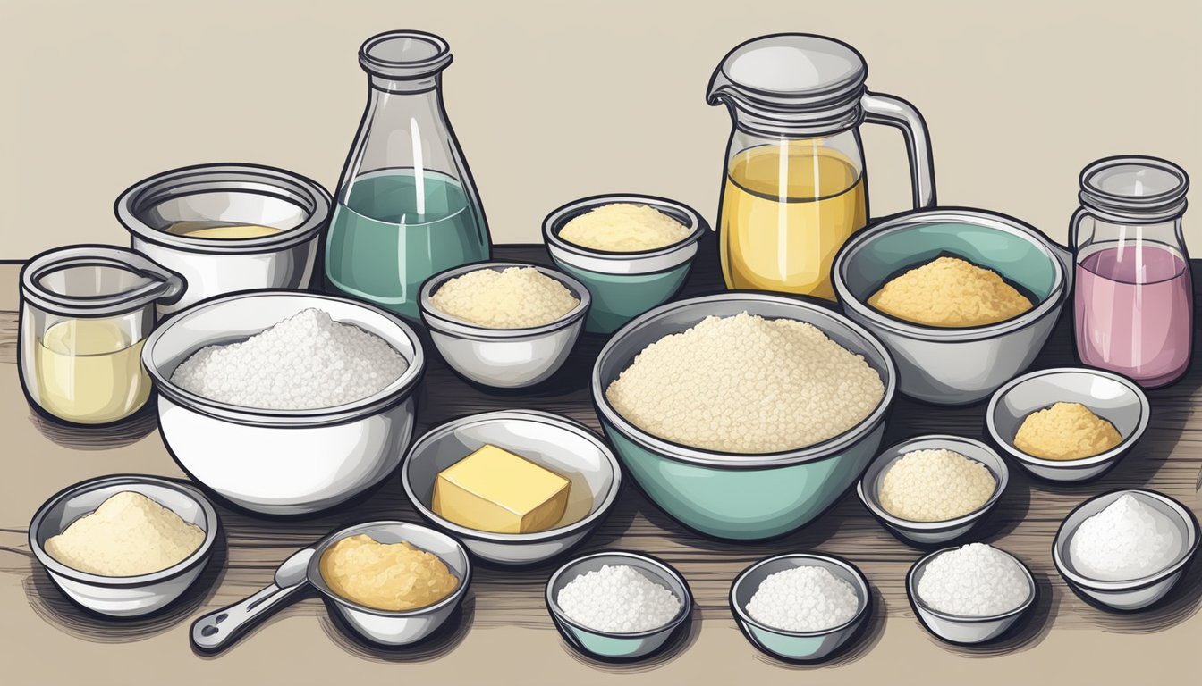 A table with assorted ingredients (flour, sugar, butter, etc.) in bowls and measuring cups, ready to be used for making scone filling